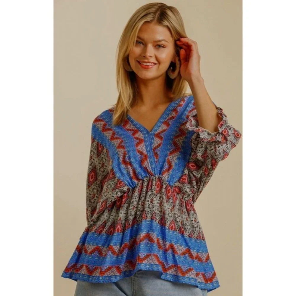 New UMGEE S Blue Paisley Balloon Dolman Sleeves Rayon Top Back String Tie - Picture 1 of 4